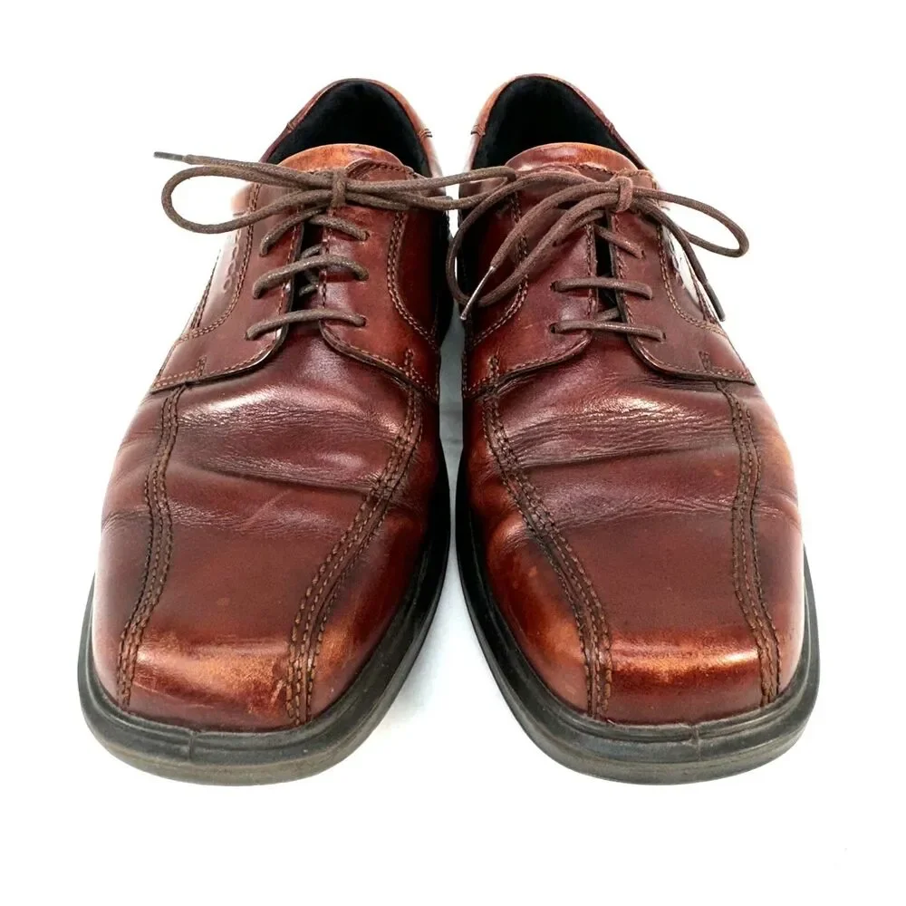 Ecco Mens 8-8.5 42 Dress Shoes Helsinki  Bike Toe Brown Leather Lace Up Casual